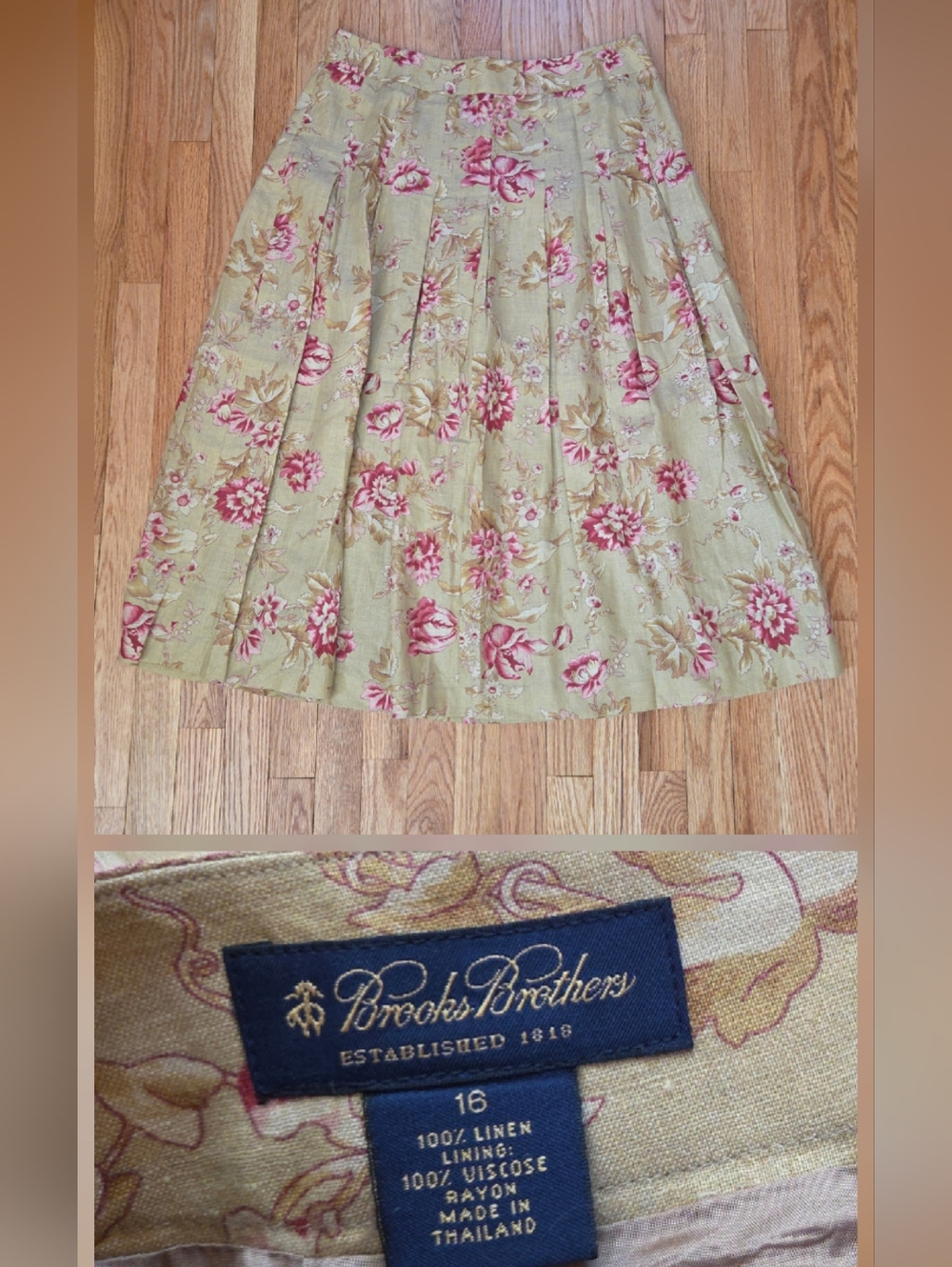 Brooks Brothers Tan Floral 100% Linen Pleated A-Line Midi Skirt Size 16